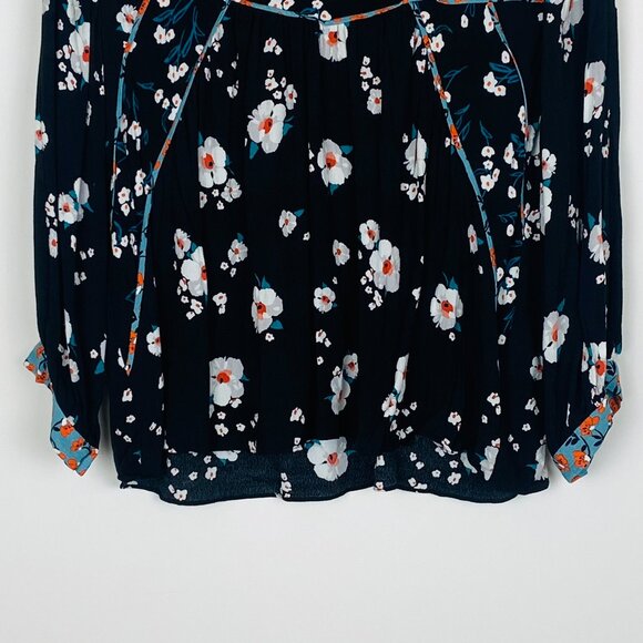 Ba&sh Floral Smock Blouse Bright Black V Neck 3/4 Length, Size 3 / 10 / L - Picture 4 of 12